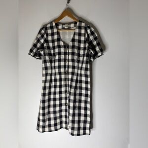 LOFT Picnic Black White Buffalo Plaid Check‎ Linen Puff Dress Size 8